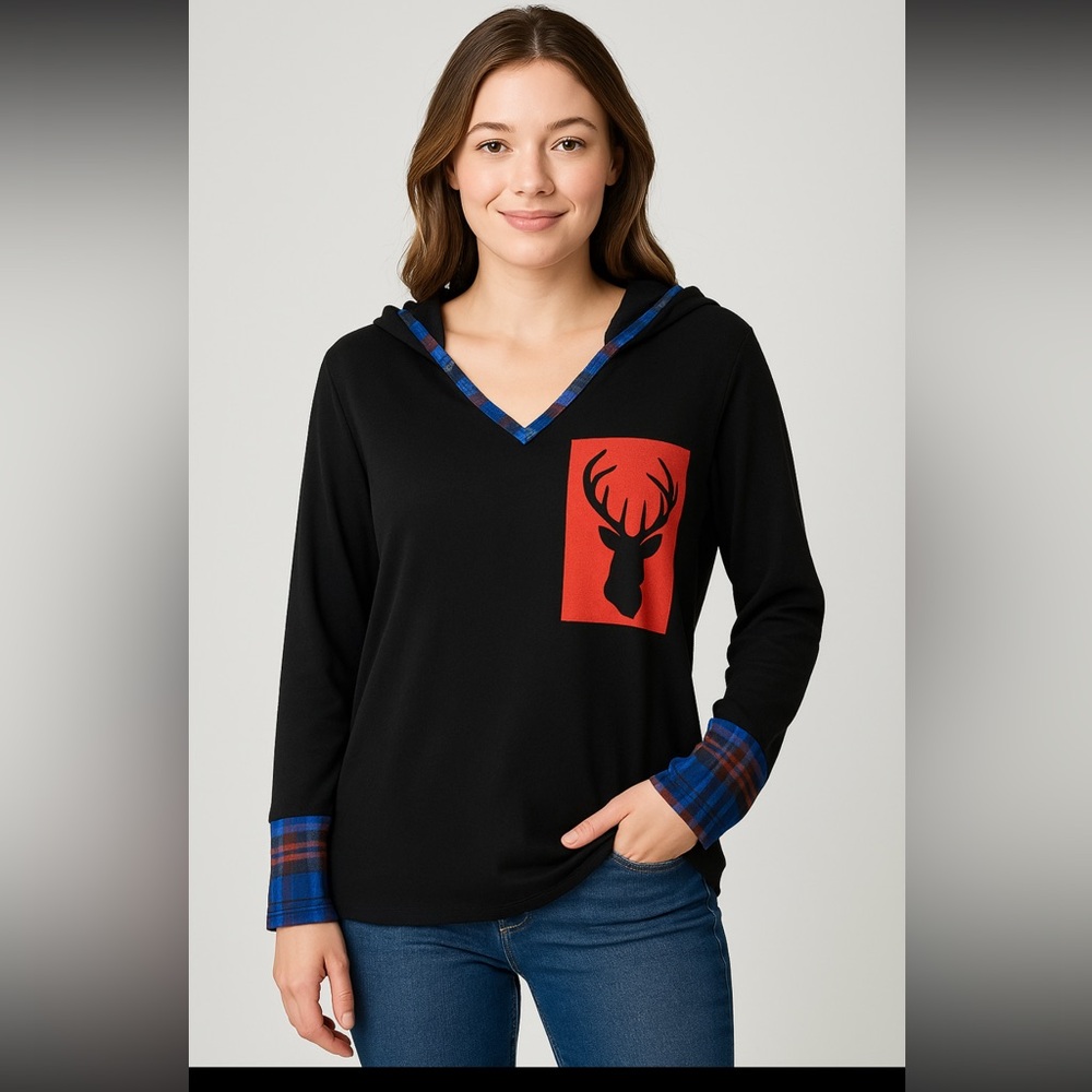 Must B Large Hoodie Top Black Plaid Trim Deer Silhouette Rustic Lodgecore